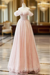 A-line Pink Off Shoulder Beaded Sweetheart Party Dresses, Pink Tulle Evening Prom Dresses