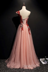A Line Pink One Shoulder Tulle Red Applique Long Evening Prom Dresses Evening Dresses