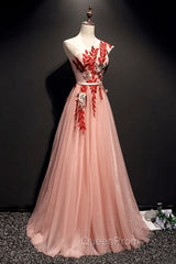 A Line Pink One Shoulder Tulle Red Applique Long Evening Prom Dresses Evening Dresses
