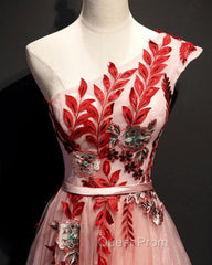 A Line Pink One Shoulder Tulle Red Applique Long Evening Prom Dresses Evening Dresses
