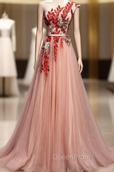 A Line Pink One Shoulder Tulle Red Applique Long Evening Prom Dresses Evening Dresses