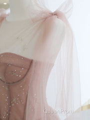 A-Line Pink Round Neck Tulle Long Evening Prom Dresses, Pink Formal Evening Dresses