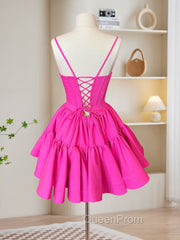A-Line Pink Satin Short Evening Prom Dresses, Backless Cute Pink Homecoming Dresses