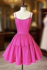 A-Line Pink Satin Short Evening Prom Dresses, Backless Cute Pink Homecoming Dresses