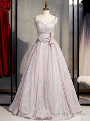 A-Line Pink Sequins Spaghetti Straps Prom Dress With Bow