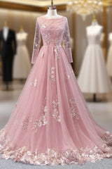 A-Line Pink Tulle Appliques Sequins Long Sleeve Evening Prom Dresses