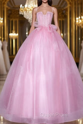 A-Line Pink Tulle Lace Long Evening Prom Dresses, Pink Formal Dresses