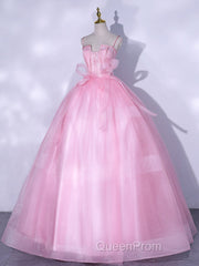 A-Line Pink Tulle Lace Long Evening Prom Dresses, Pink Formal Dresses