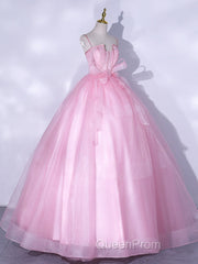 A-Line Pink Tulle Lace Long Evening Prom Dresses, Pink Formal Dresses