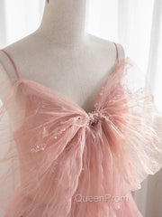 A-Line Pink Tulle Sequin Long Evening Prom Dresses, Pink Evening Dresses