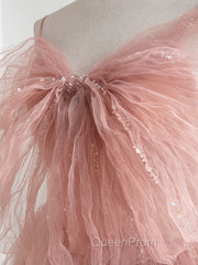A-Line Pink Tulle Sequin Long Evening Prom Dresses, Pink Evening Dresses