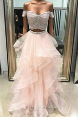 A-Line Pink Tulle Two Piece Off the Shoulder Long Evening Prom Dresses