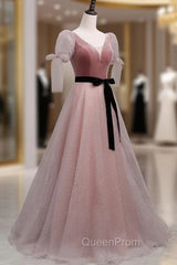 A-Line Pink Tulle Velvet Long Evening Prom Dresses, Pink Evening Dresses