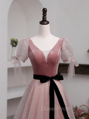 A-Line Pink Tulle Velvet Long Evening Prom Dresses, Pink Evening Dresses