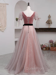 A-Line Pink Tulle Velvet Long Evening Prom Dresses, Pink Evening Dresses