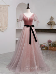 A-Line Pink Tulle Velvet Long Evening Prom Dresses, Pink Evening Dresses