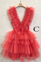 A Line Pink V Neck Tiered Homecoming Dresses,Tulle Short Evening Prom Party Dresses