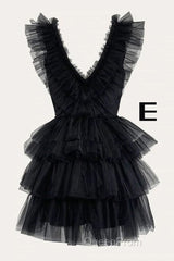 A Line Pink V Neck Tiered Homecoming Dresses,Tulle Short Evening Prom Party Dresses