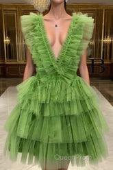A Line Pink V Neck Tiered Homecoming Dresses,Tulle Short Evening Prom Party Dresses