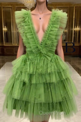 A Line Pink V Neck Tiered Homecoming Dresses,Tulle Short Evening Prom Party Dresses