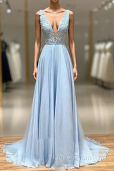 A Line Plunge V Neck Lace Chiffon Evening Prom Dresses