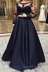 A-Line/Princess Full/Long Sleeve Bateau Long/Floor-Length Satin Evening Prom Dresses With Appliqued