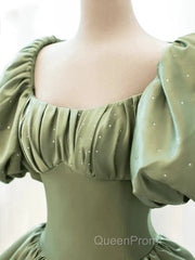 A-Line Princess Green Satin Puffy Sleeves Long Formal Dresses Satin Evening Prom Dresses Party Dresses