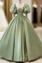 A-Line Princess Green Satin Puffy Sleeves Long Formal Dresses Satin Evening Prom Dresses Party Dresses