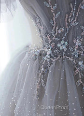 A-Line Princess Grey Beaded Layers Glitter Tulle Long Formal Dresses Off Shoulder Evening Prom Dresses