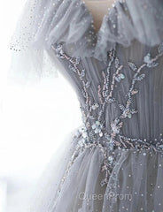 A-Line Princess Grey Beaded Layers Glitter Tulle Long Formal Dresses Off Shoulder Evening Prom Dresses
