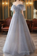 A-Line Princess Grey Beaded Layers Glitter Tulle Long Formal Dresses Off Shoulder Evening Prom Dresses