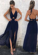 A-line/Princess Halter Sleeveless Ankle-Length Chiffon Prom Dresses With Split