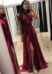 A-line/Princess Halter Sleeveless Sweep Train Charmeuse Prom Dresses With Split