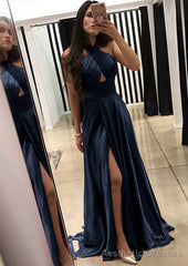 A-line/Princess Halter Sleeveless Sweep Train Charmeuse Prom Dresses With Split