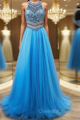 A-Line/Princess Jewel Sweep Train Tulle Evening Dresses With Beading