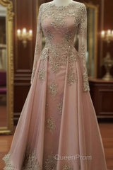 A-Line/Princess Long Sleeves Scoop Floor-Length Applique Tulle Muslim Dresses