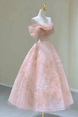 A-Line Princess Lovely Pink Tea Length Straps Tulle Formal Dresses Evening Prom Dresses