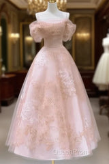 A-Line Princess Lovely Pink Tea Length Straps Tulle Formal Dresses Evening Prom Dresses