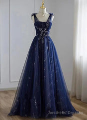 A-Line Princess Navy Blue Tulle Beaded V-neckline Party Dress Shiny Tulle Prom Dress