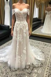 A-Line/Princess Off-the-Shoulder Court Train Tulle Wedding Dresses With Appliques Lace