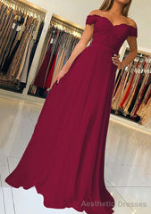 A-line/Princess Off-the-Shoulder Short Sleeve Sweep Train Chiffon Prom Dresses With Beading Appliqued