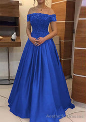 A-line/Princess Off-the-Shoulder Sleeveless Long/Floor-Length Elastic Satin Prom Dresses With Lace Pleated