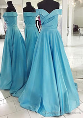A-line/Princess Off-the-Shoulder Sleeveless Sweep Train Satin Prom Dresses