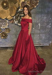 A-line/Princess Off-the-Shoulder Sleeveless Sweep Train Satin Prom Dresses With Low Back