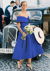 A-line/Princess Off-the-Shoulder Sleeveless Tea-Length Satin Bridesmaid Dresses With Low Back