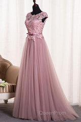 A-Line/Princess Sash Tulle Floor-Length Lace Evening Prom Dresses