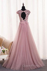 A-Line/Princess Sash Tulle Floor-Length Lace Evening Prom Dresses