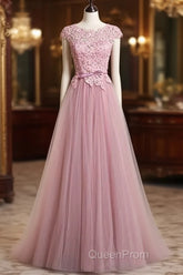 A-Line/Princess Sash Tulle Floor-Length Lace Evening Prom Dresses
