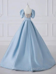 A-Line Princess Satin Blue Long Evening Prom Dresses Quinceanera Dresses Elegant Evening Dresses