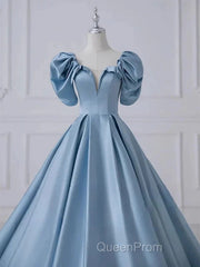 A-Line Princess Satin Blue Long Evening Prom Dresses Quinceanera Dresses Elegant Evening Dresses